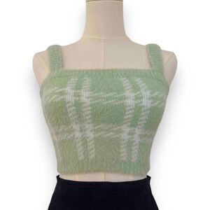 KENDALL & KYLIE Jrs XS Soft Lime Green & White Graphic Plaid Sweater Bandeau EUC